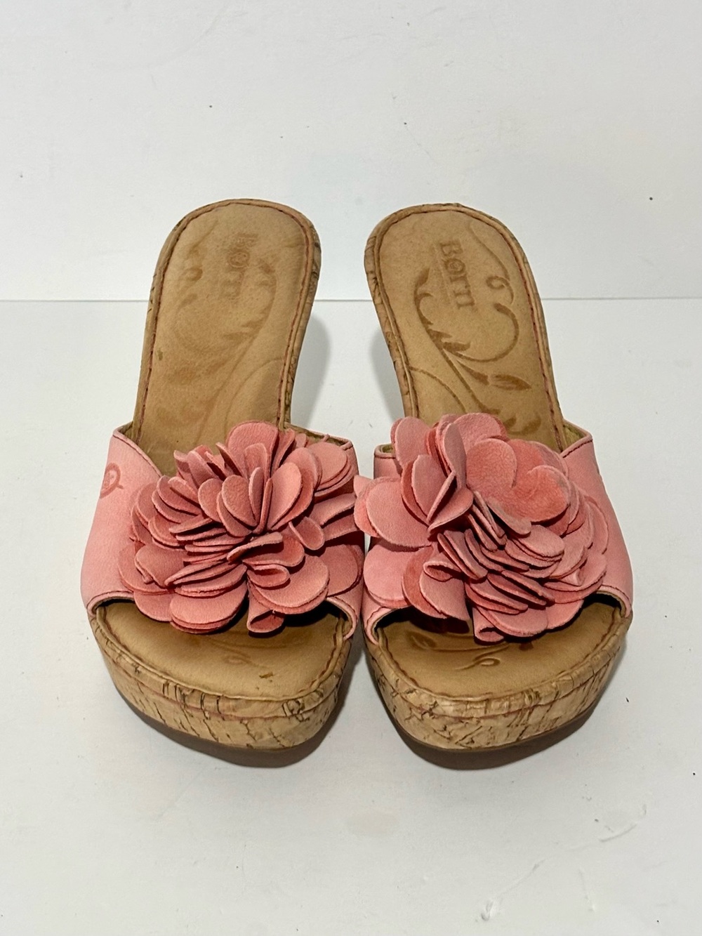 Women's Born Floral Coral Leather Wedge Heeled Slides Sandals Size 7